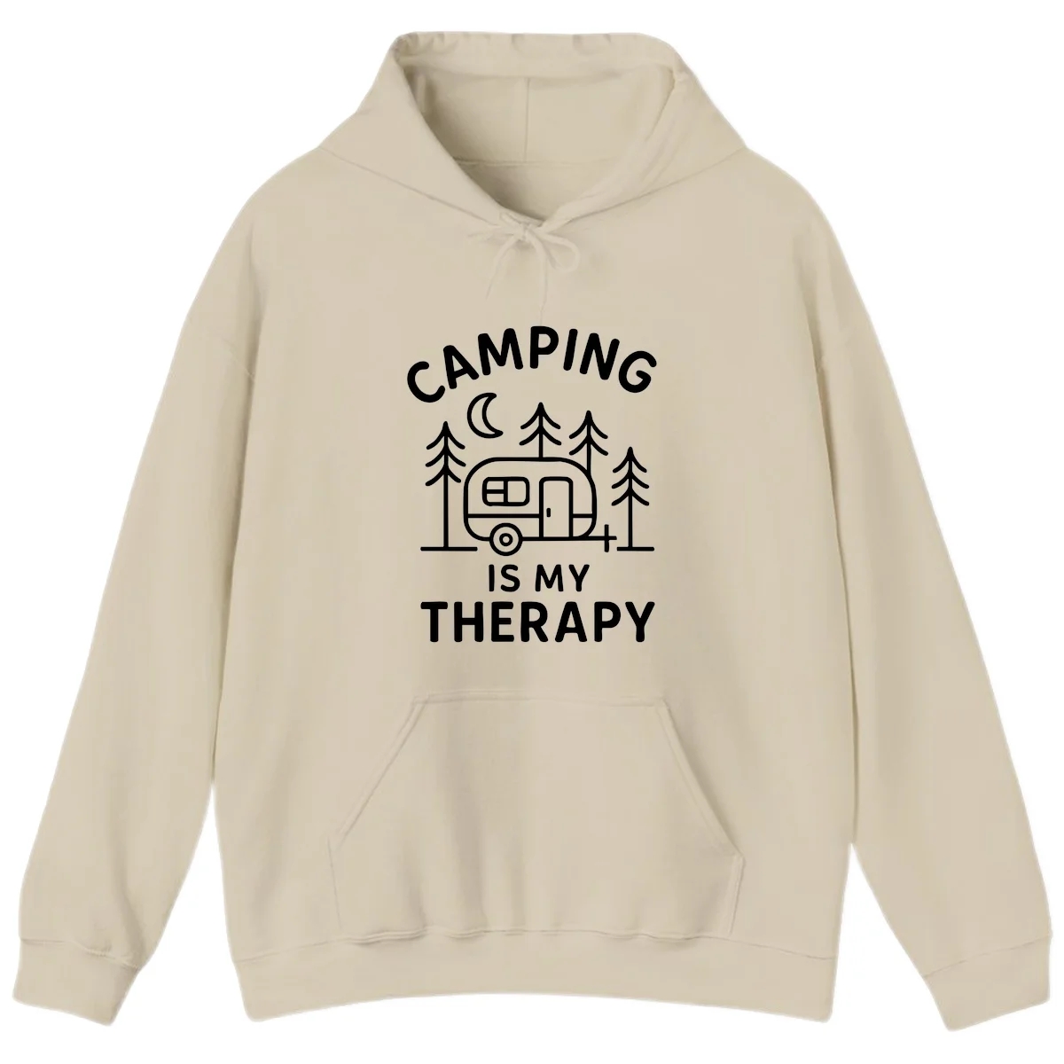 Camping therapy design with travel trailer, pine trees, and moon under text reading 'Camping Is My Therapy' in Sand