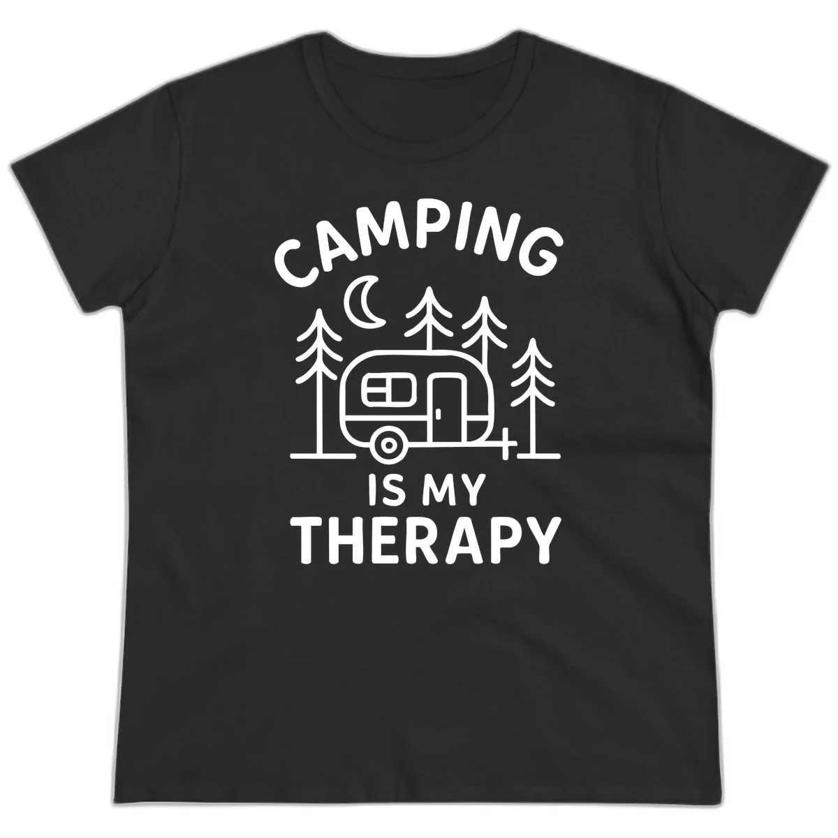 Camping therapy design with travel trailer, pine trees, and moon under text reading 'Camping Is My Therapy' in Black