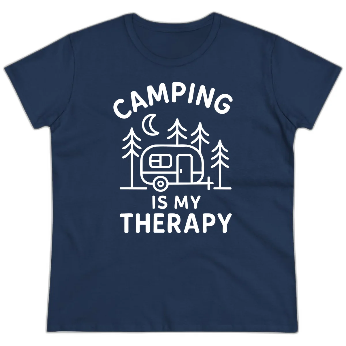 Camping therapy design with travel trailer, pine trees, and moon under text reading 'Camping Is My Therapy' in Navy