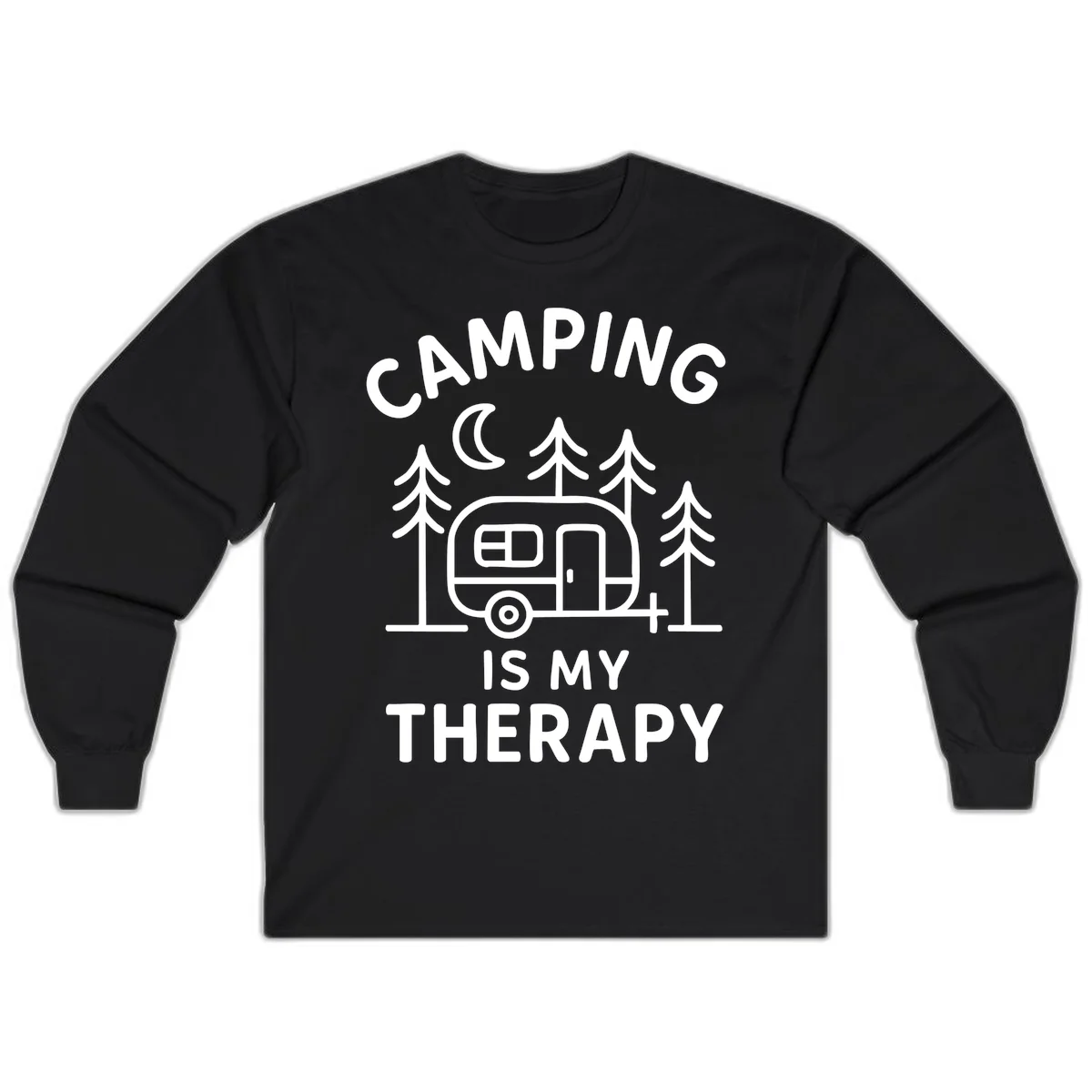 Camping therapy design with travel trailer, pine trees, and moon under text reading 'Camping Is My Therapy' in Black