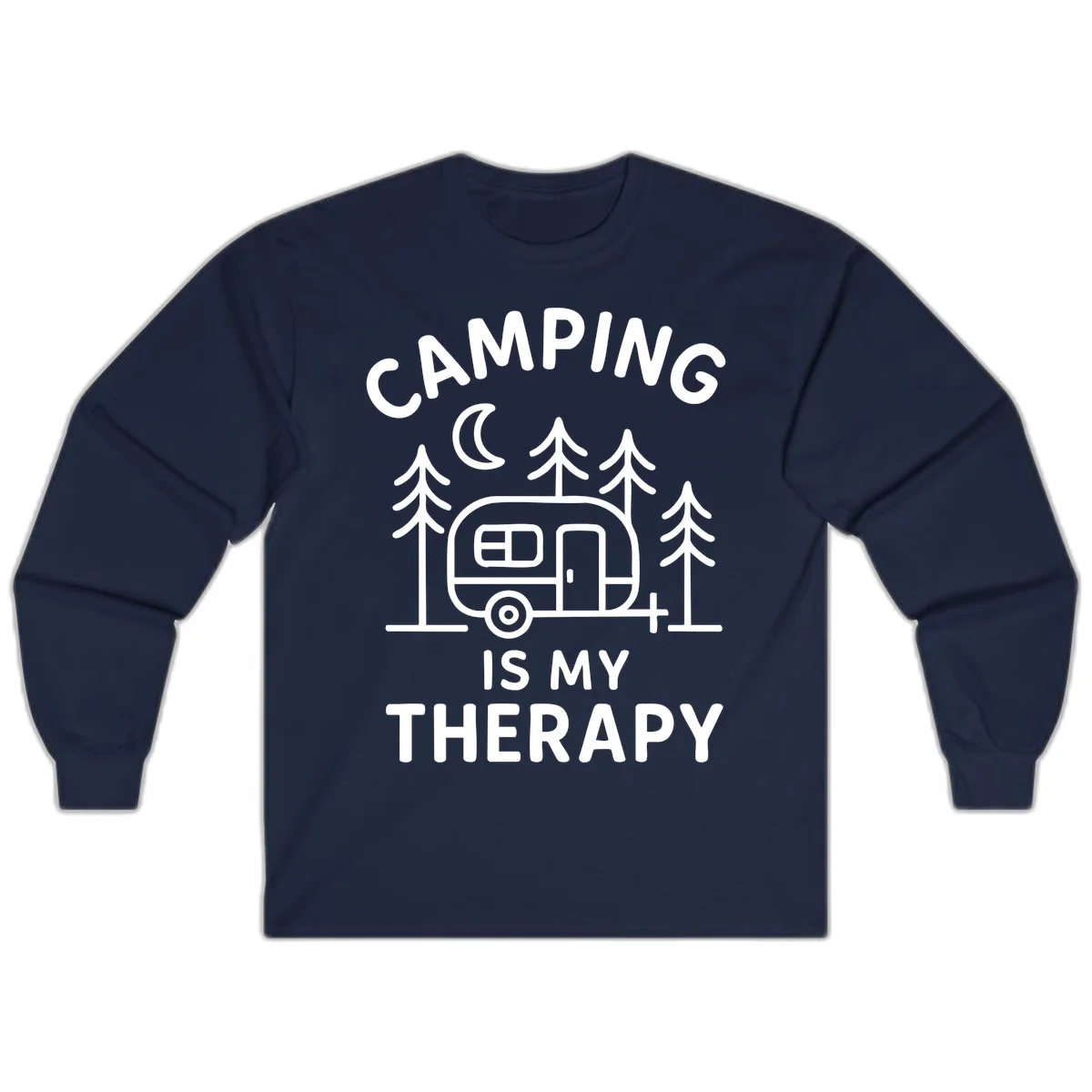 Camping therapy design with travel trailer, pine trees, and moon under text reading 'Camping Is My Therapy' in Navy