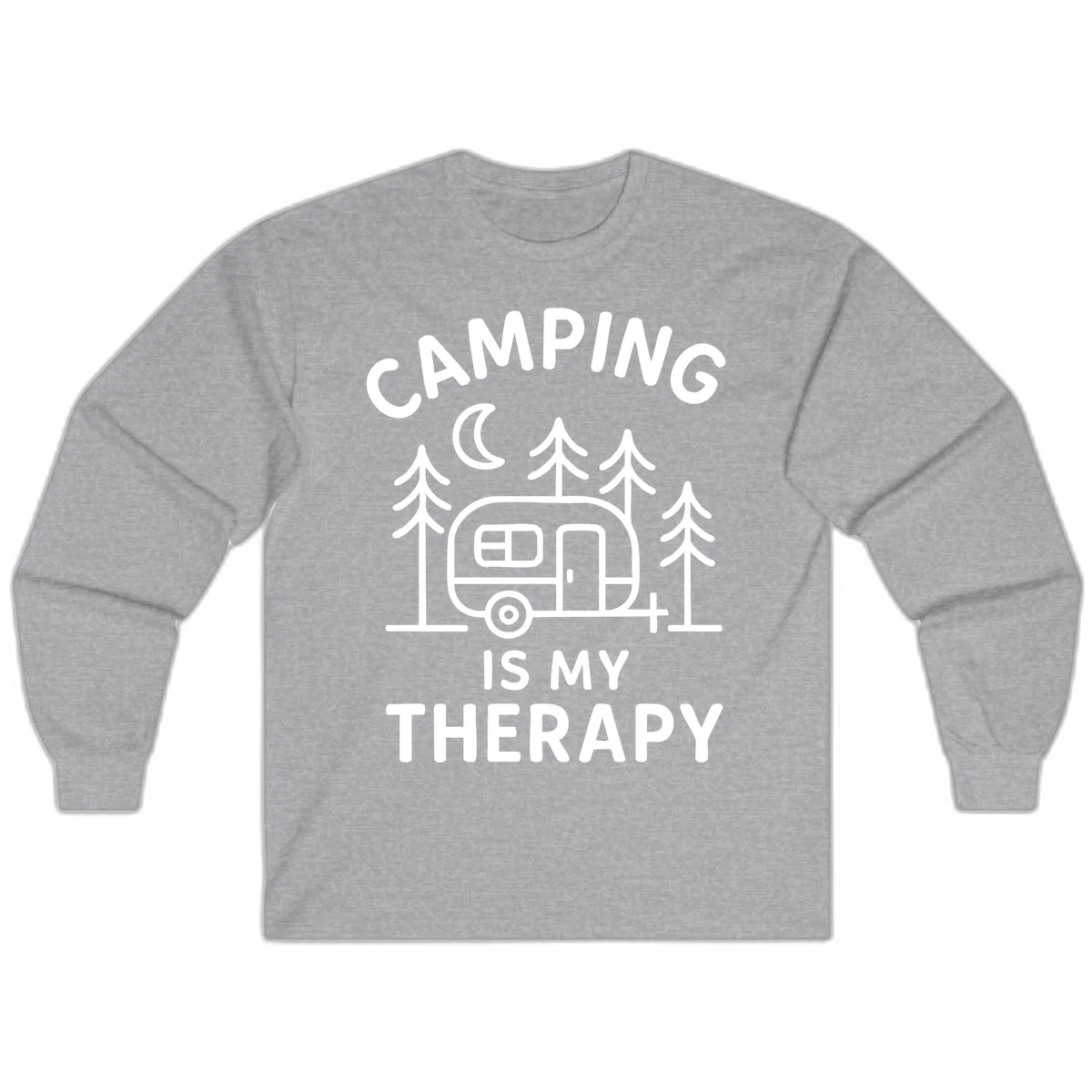 Camping therapy design with travel trailer, pine trees, and moon under text reading 'Camping Is My Therapy' in Sport Grey