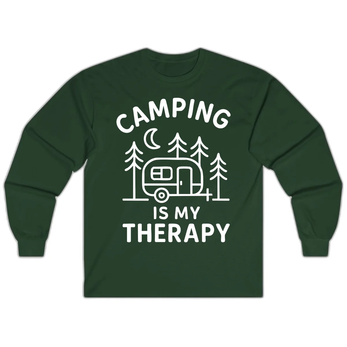 Camping therapy design with travel trailer, pine trees, and moon under text reading 'Camping Is My Therapy' in Forest Green