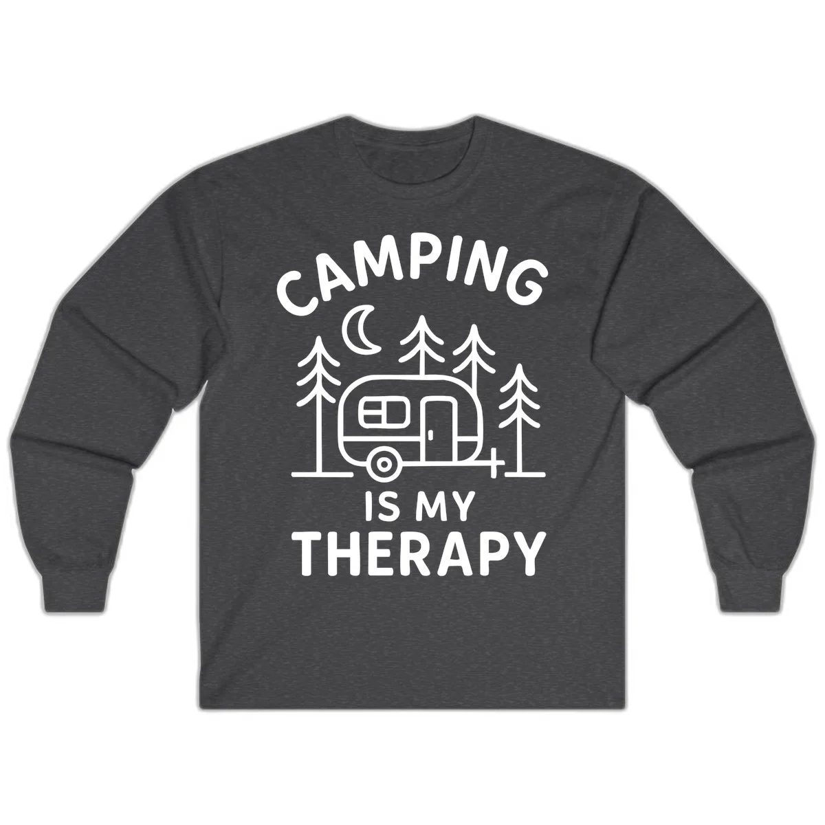Camping therapy design with travel trailer, pine trees, and moon under text reading 'Camping Is My Therapy' in Dark Heather
