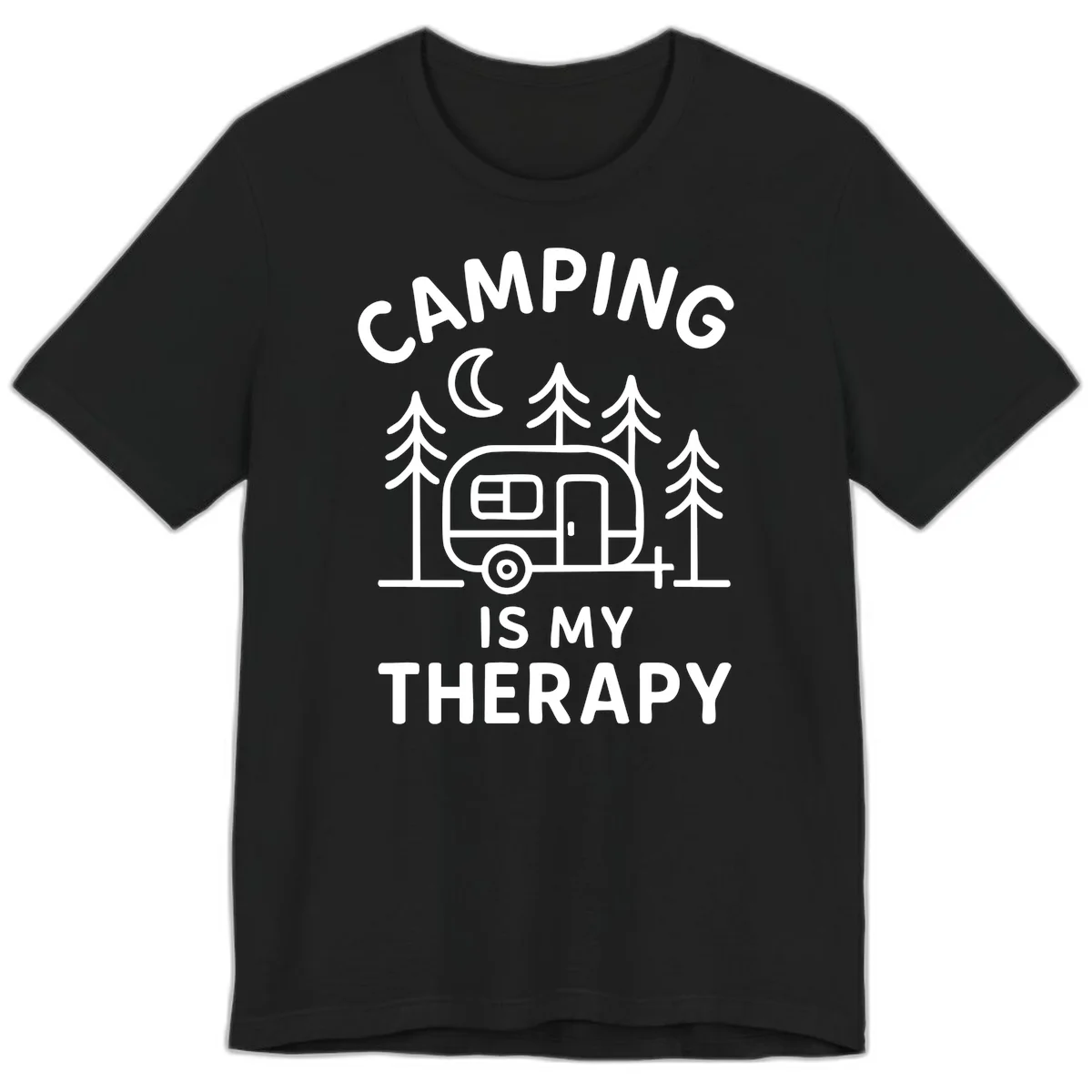 Camping therapy design with travel trailer, pine trees, and moon under text reading 'Camping Is My Therapy' in Black