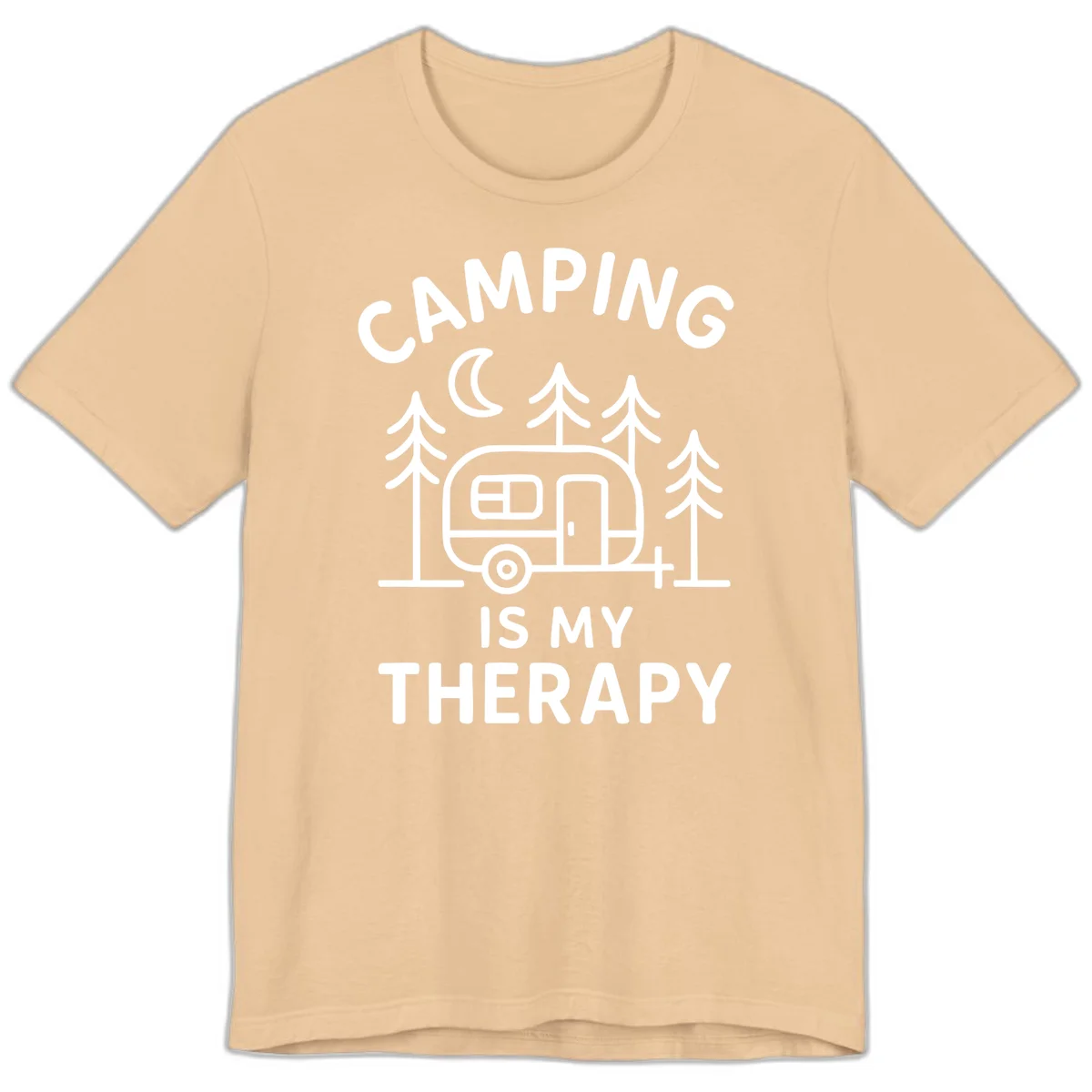 Camping therapy design with travel trailer, pine trees, and moon under text reading 'Camping Is My Therapy' in Sand Dune