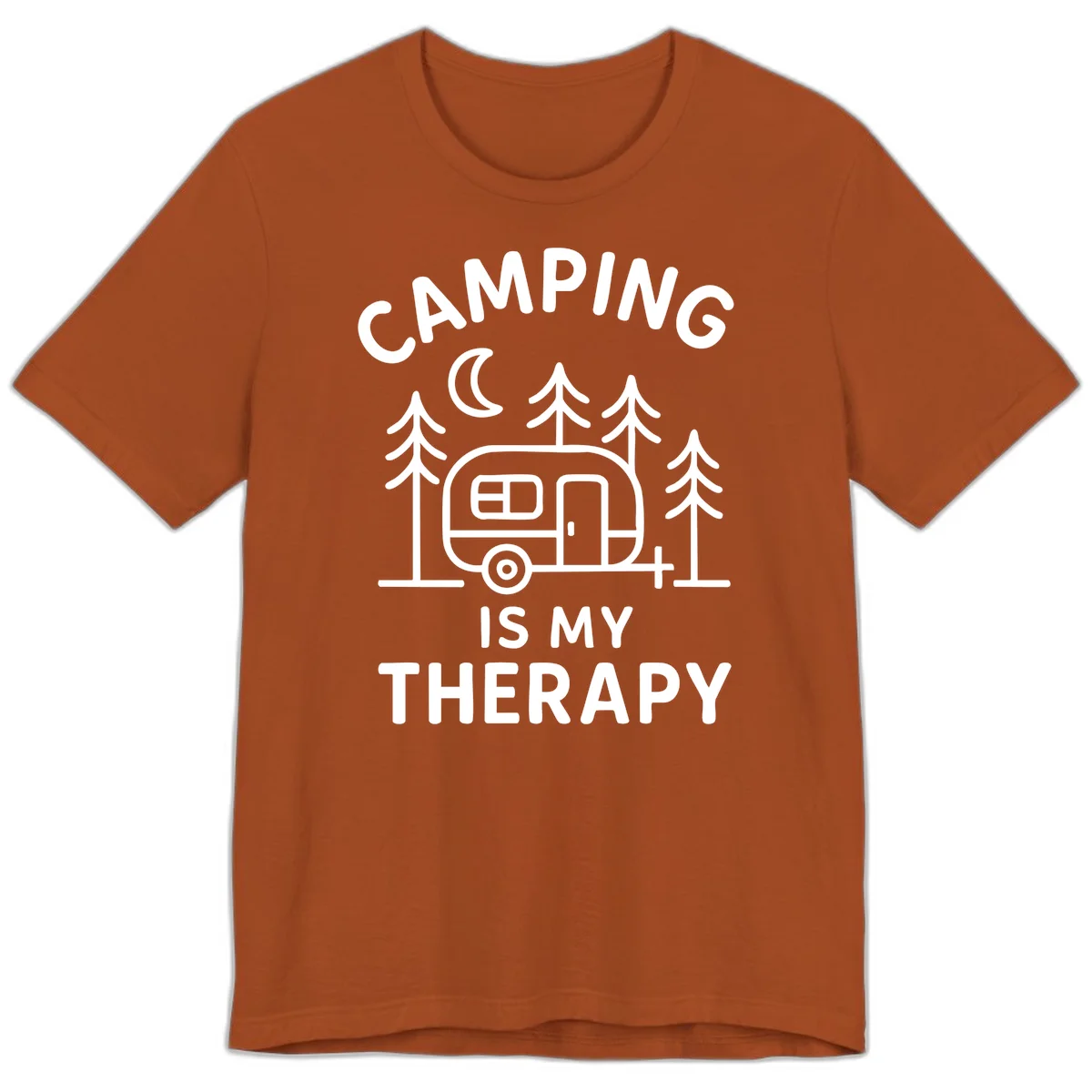Camping therapy design with travel trailer, pine trees, and moon under text reading 'Camping Is My Therapy' in Autumn