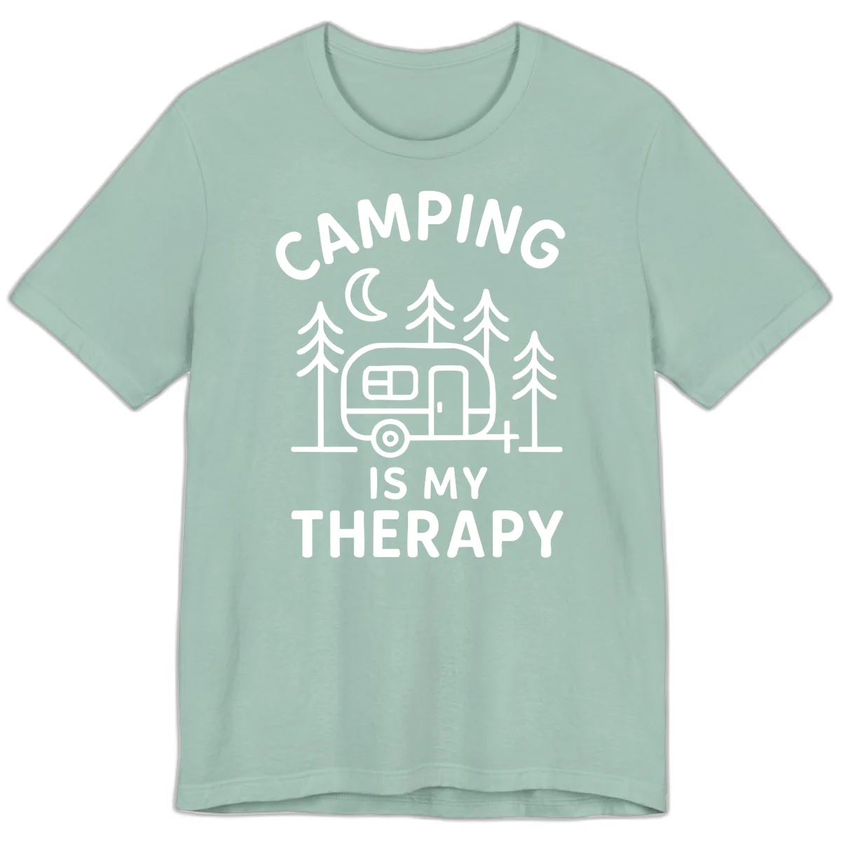 Camping therapy design with travel trailer, pine trees, and moon under text reading 'Camping Is My Therapy' in Dusty Blue