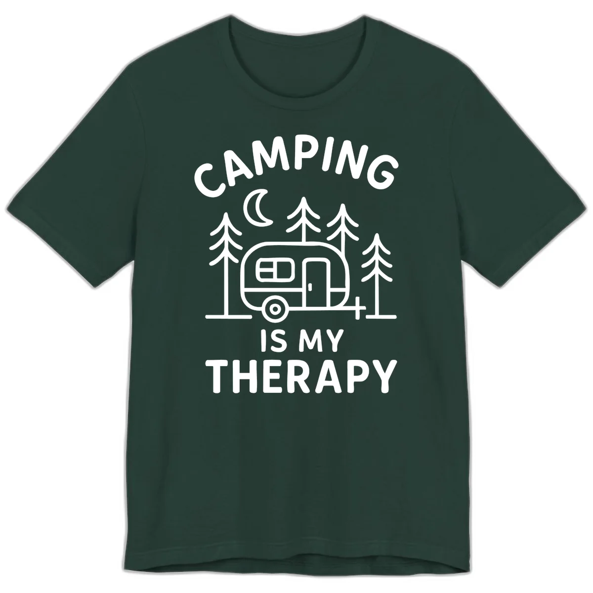 Camping therapy design with travel trailer, pine trees, and moon under text reading 'Camping Is My Therapy' in Forest