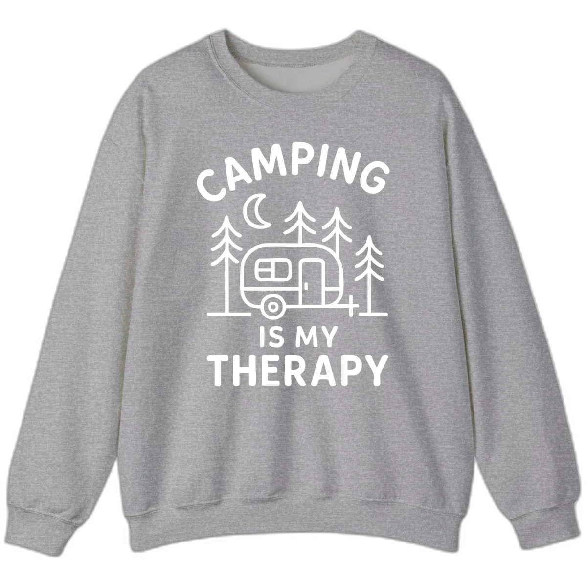 Camping therapy design with travel trailer, pine trees, and moon under text reading 'Camping Is My Therapy' in Sport Grey
