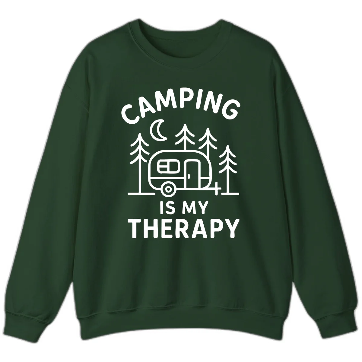 Camping therapy design with travel trailer, pine trees, and moon under text reading 'Camping Is My Therapy' in Forest Green