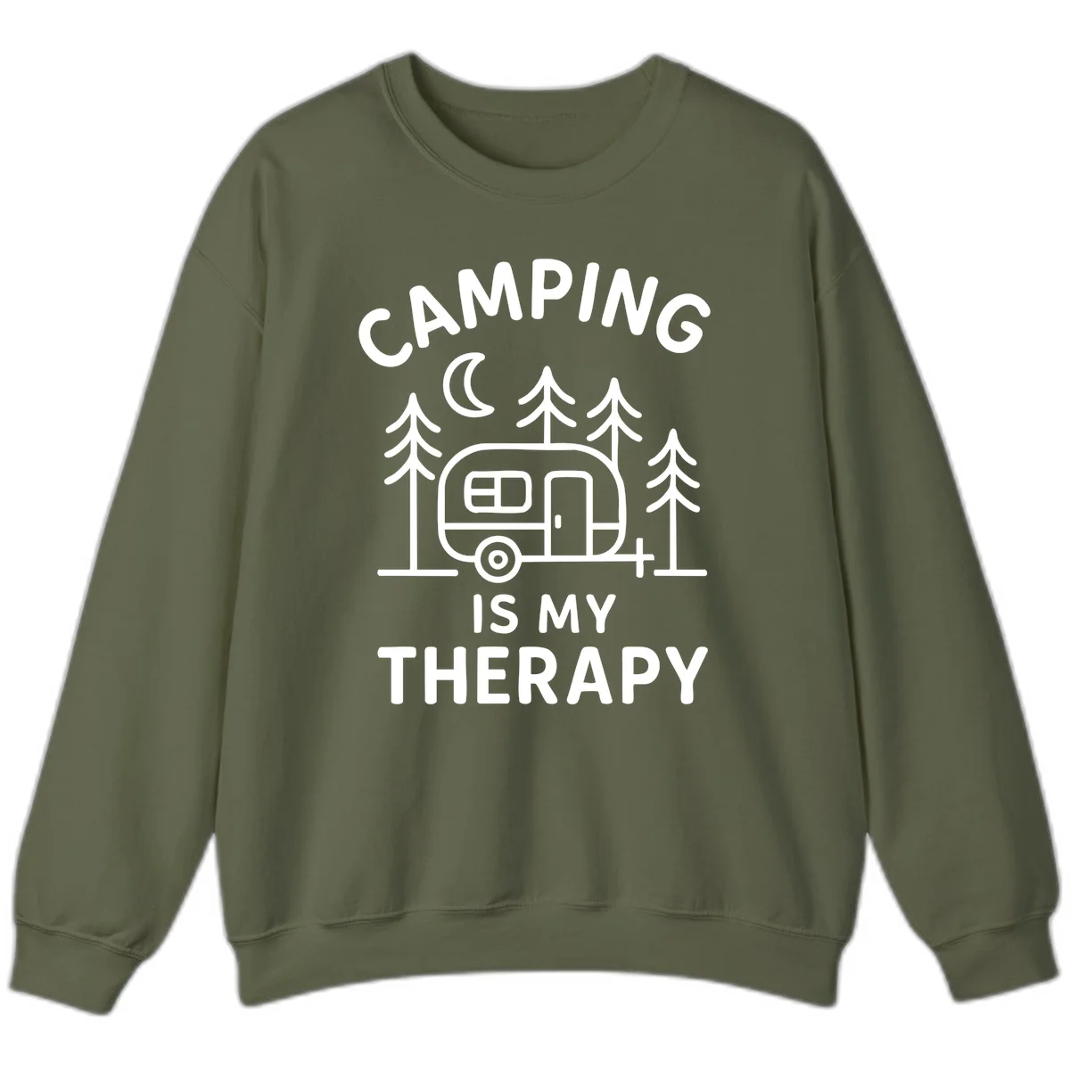 Camping therapy design with travel trailer, pine trees, and moon under text reading 'Camping Is My Therapy' in Military Green