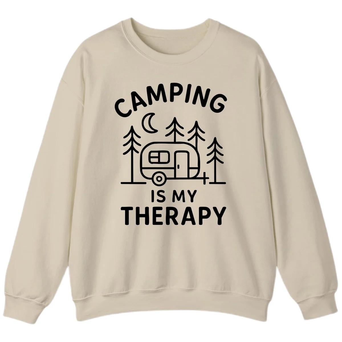 Camping therapy design with travel trailer, pine trees, and moon under text reading 'Camping Is My Therapy' in Sand