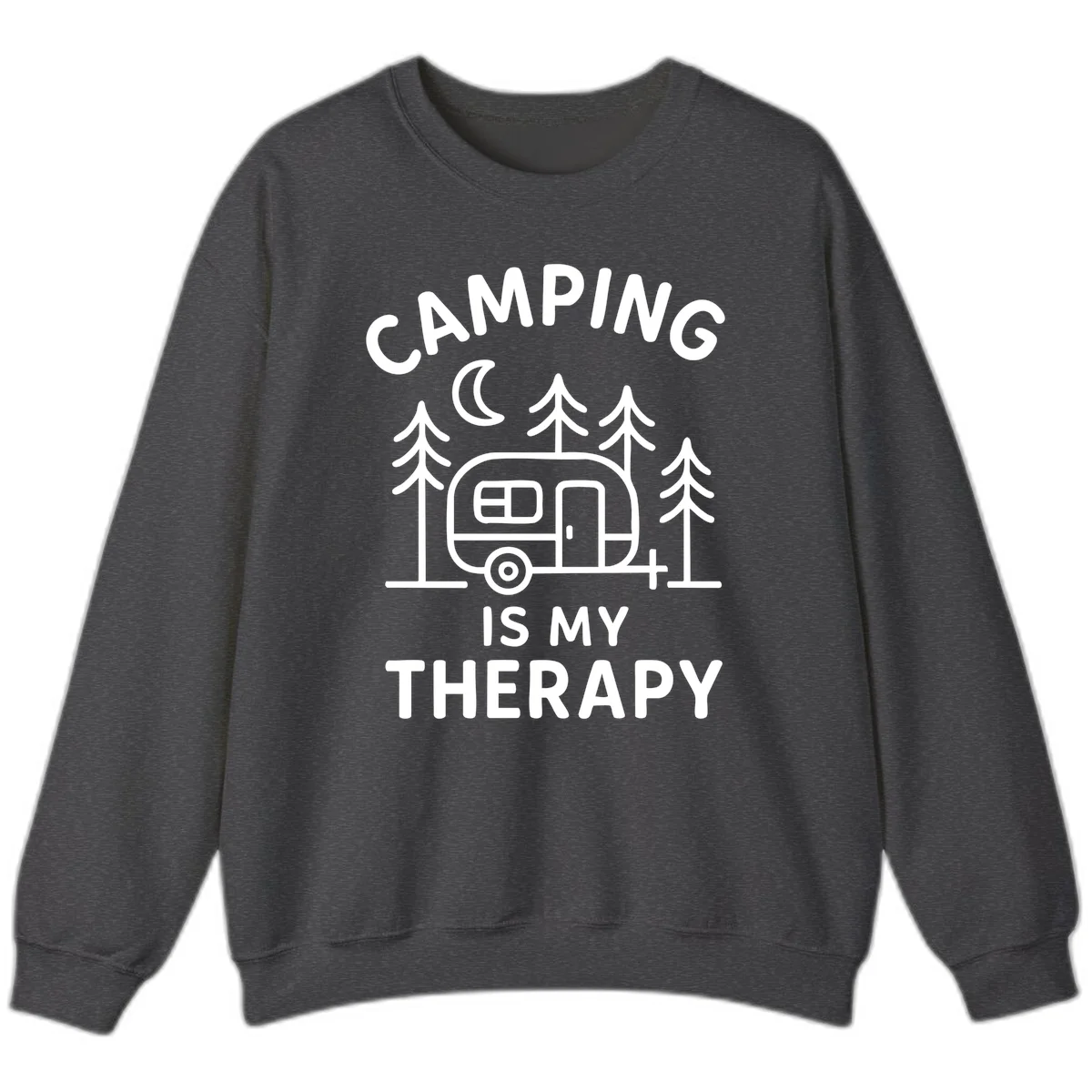 Camping therapy design with travel trailer, pine trees, and moon under text reading 'Camping Is My Therapy' in Dark Heather
