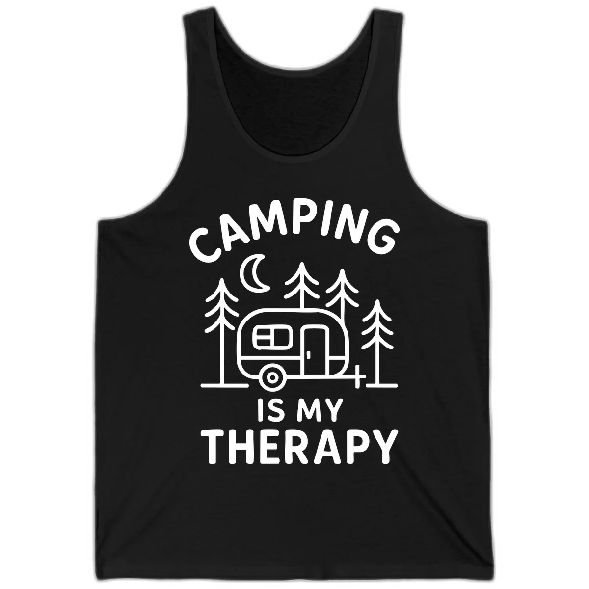 Camping therapy design with travel trailer, pine trees, and moon under text reading 'Camping Is My Therapy' in Black