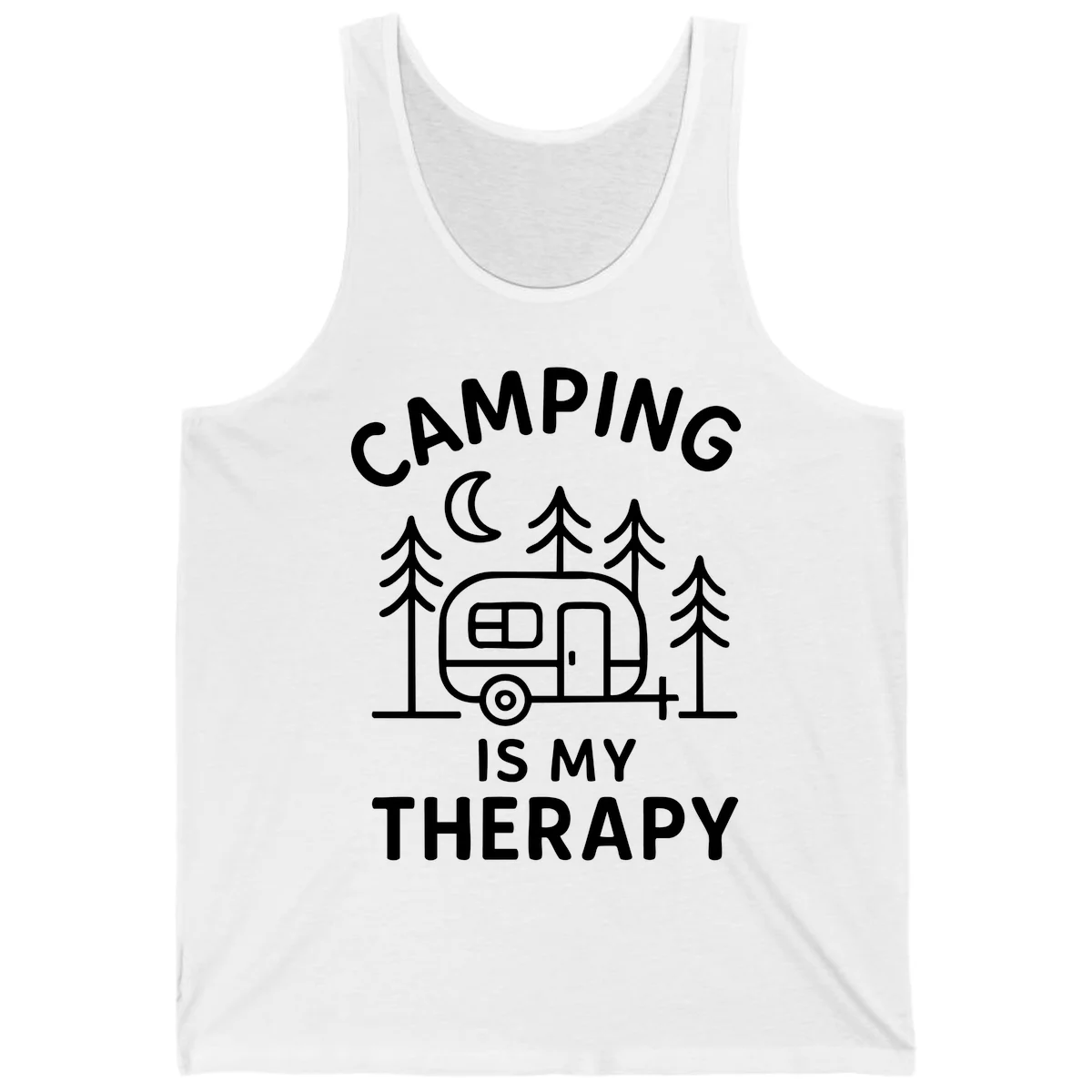 Camping therapy design with travel trailer, pine trees, and moon under text reading 'Camping Is My Therapy' in White