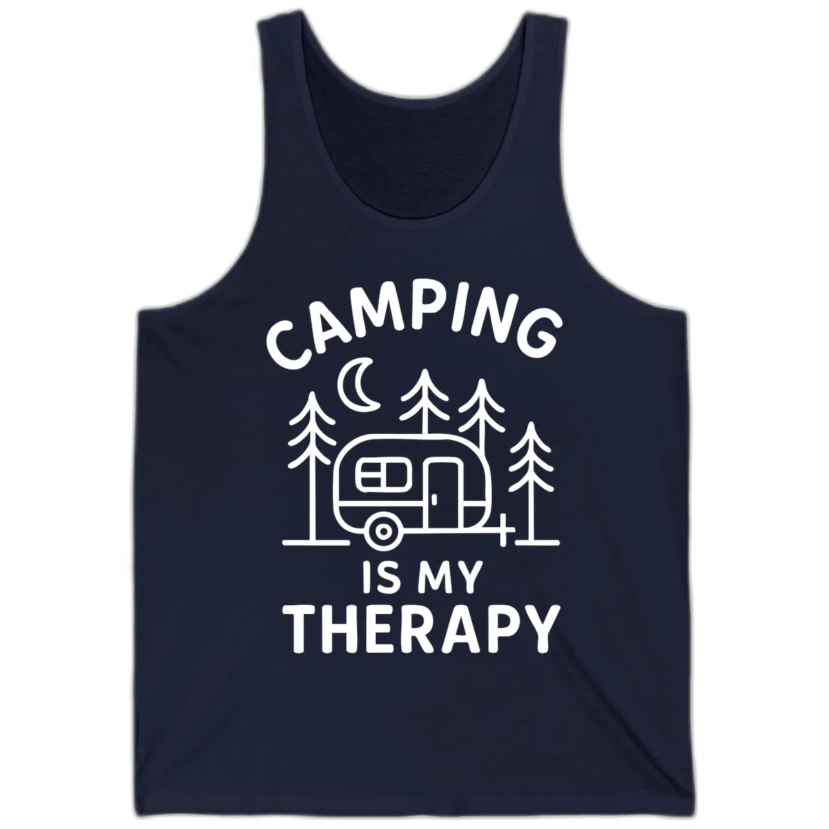 Camping therapy design with travel trailer, pine trees, and moon under text reading 'Camping Is My Therapy' in Navy