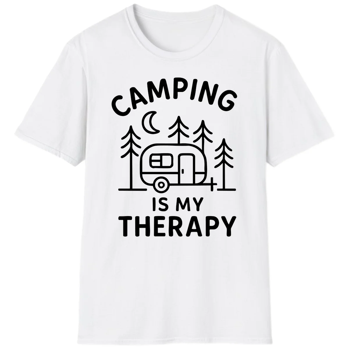 Camping therapy design with travel trailer, pine trees, and moon under text reading 'Camping Is My Therapy' in White