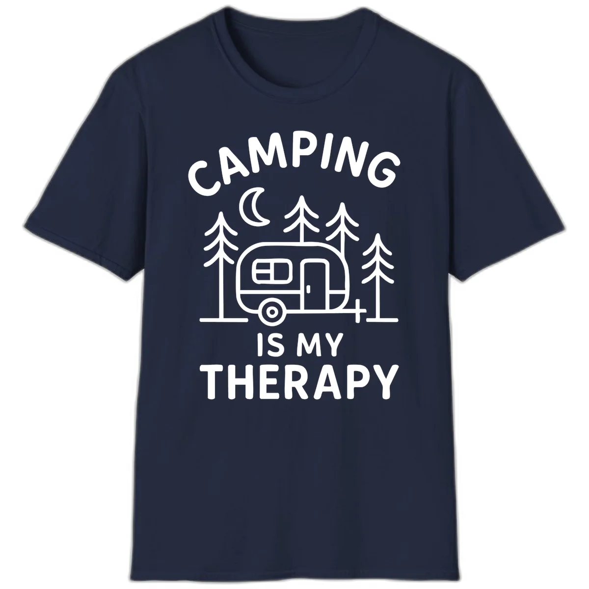 Camping therapy design with travel trailer, pine trees, and moon under text reading 'Camping Is My Therapy' in Navy