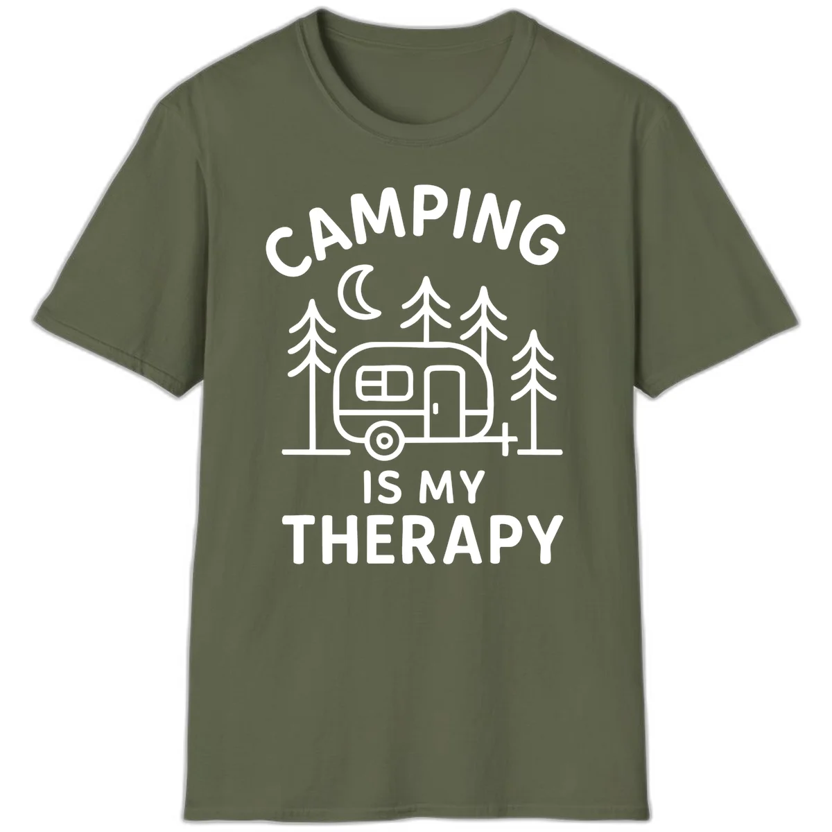Camping therapy design with travel trailer, pine trees, and moon under text reading 'Camping Is My Therapy' in Military Green
