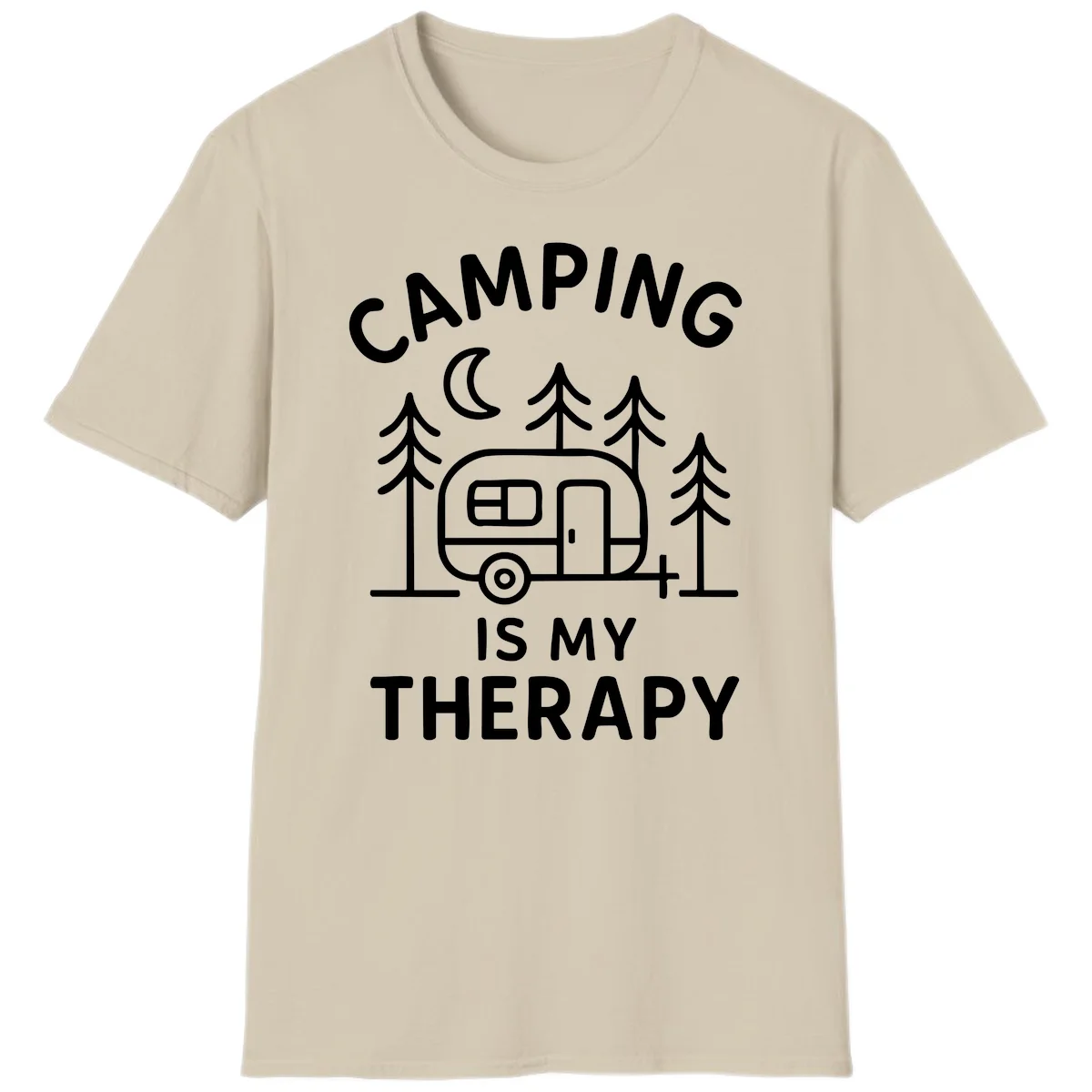 Camping therapy design with travel trailer, pine trees, and moon under text reading 'Camping Is My Therapy' in Sand
