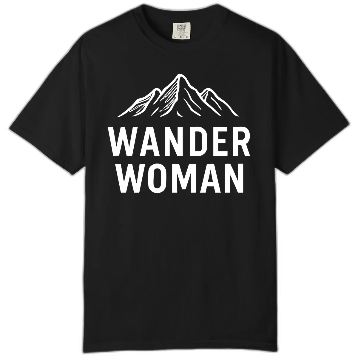 Wander woman mountain design featuring minimalist snow-capped peaks in white line art on gray background in Black