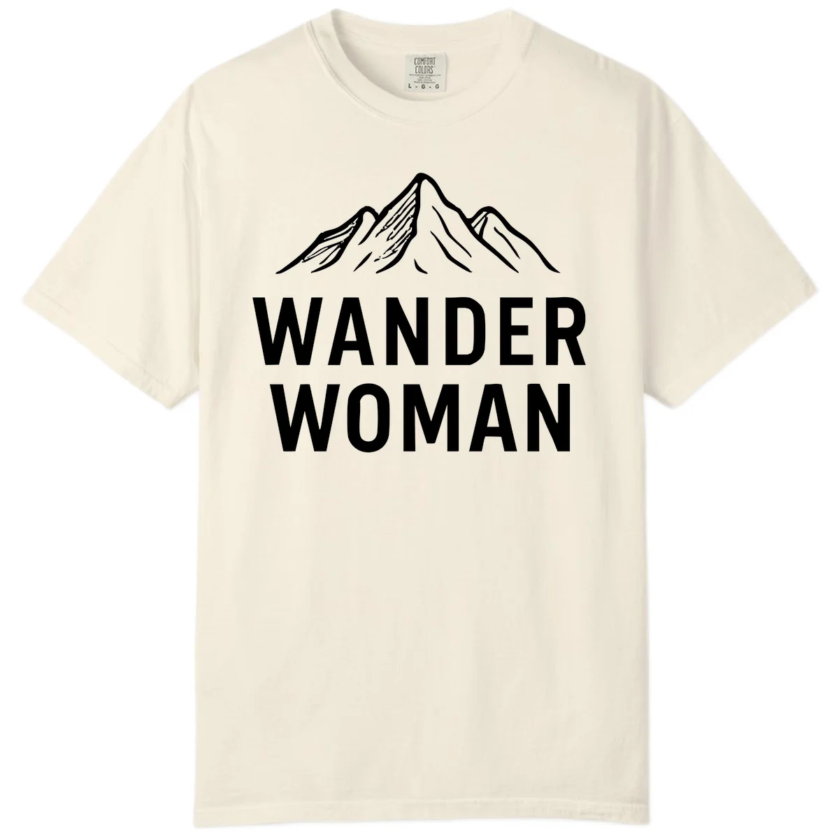 Wander woman mountain design featuring minimalist snow-capped peaks in white line art on gray background in Ivory