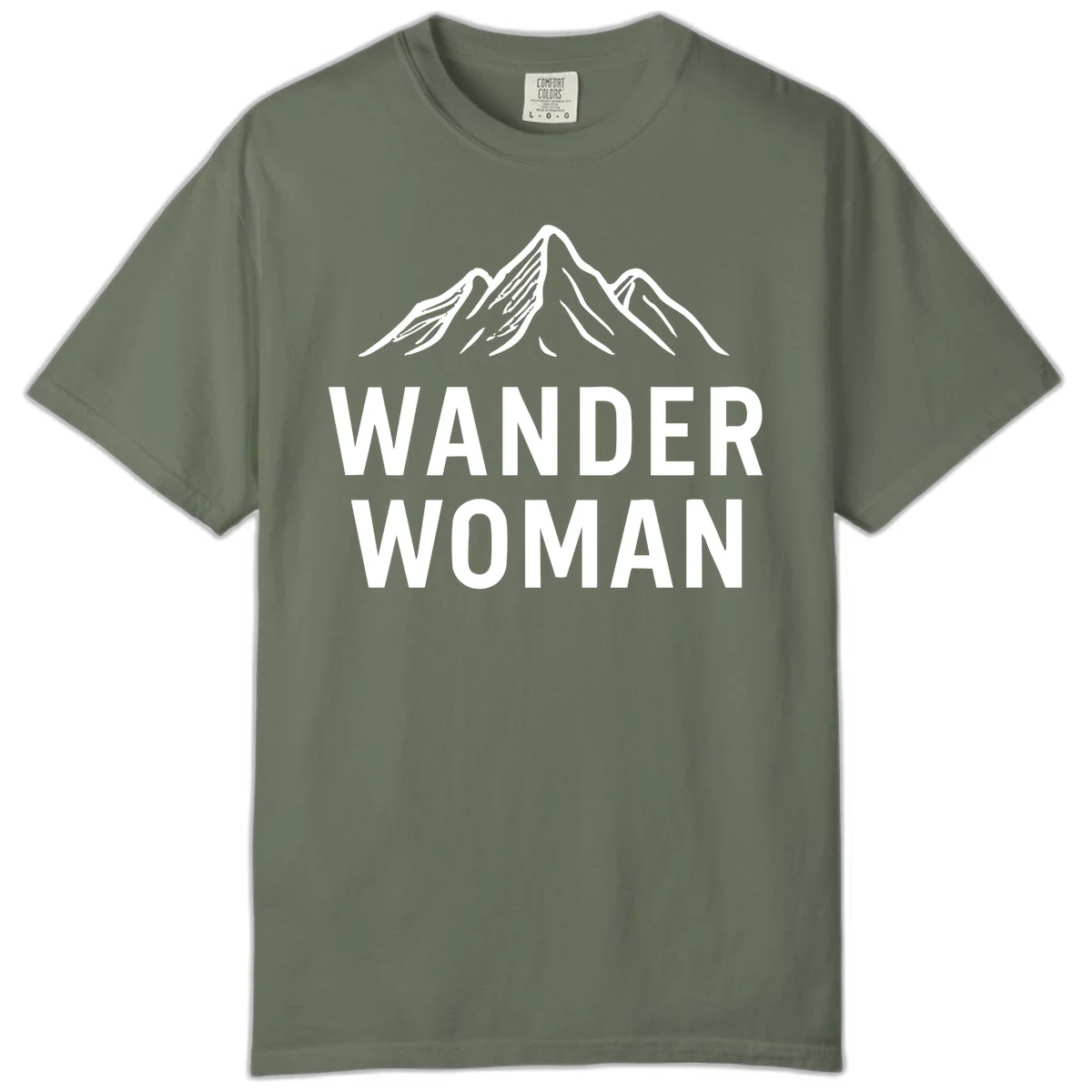 Wander woman mountain design featuring minimalist snow-capped peaks in white line art on gray background in Moss