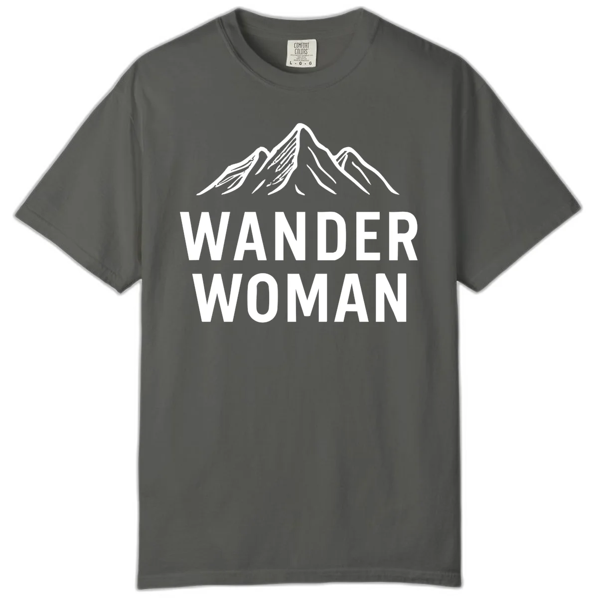 Wander woman mountain design featuring minimalist snow-capped peaks in white line art on gray background in Pepper
