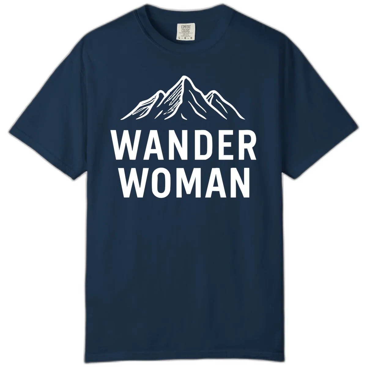 Wander woman mountain design featuring minimalist snow-capped peaks in white line art on gray background in True Navy