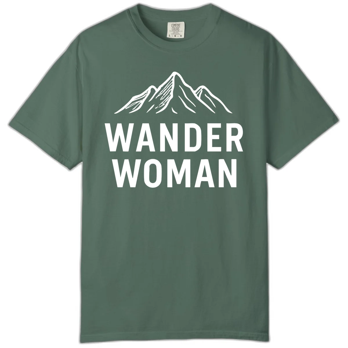 Wander woman mountain design featuring minimalist snow-capped peaks in white line art on gray background in Blue Spruce