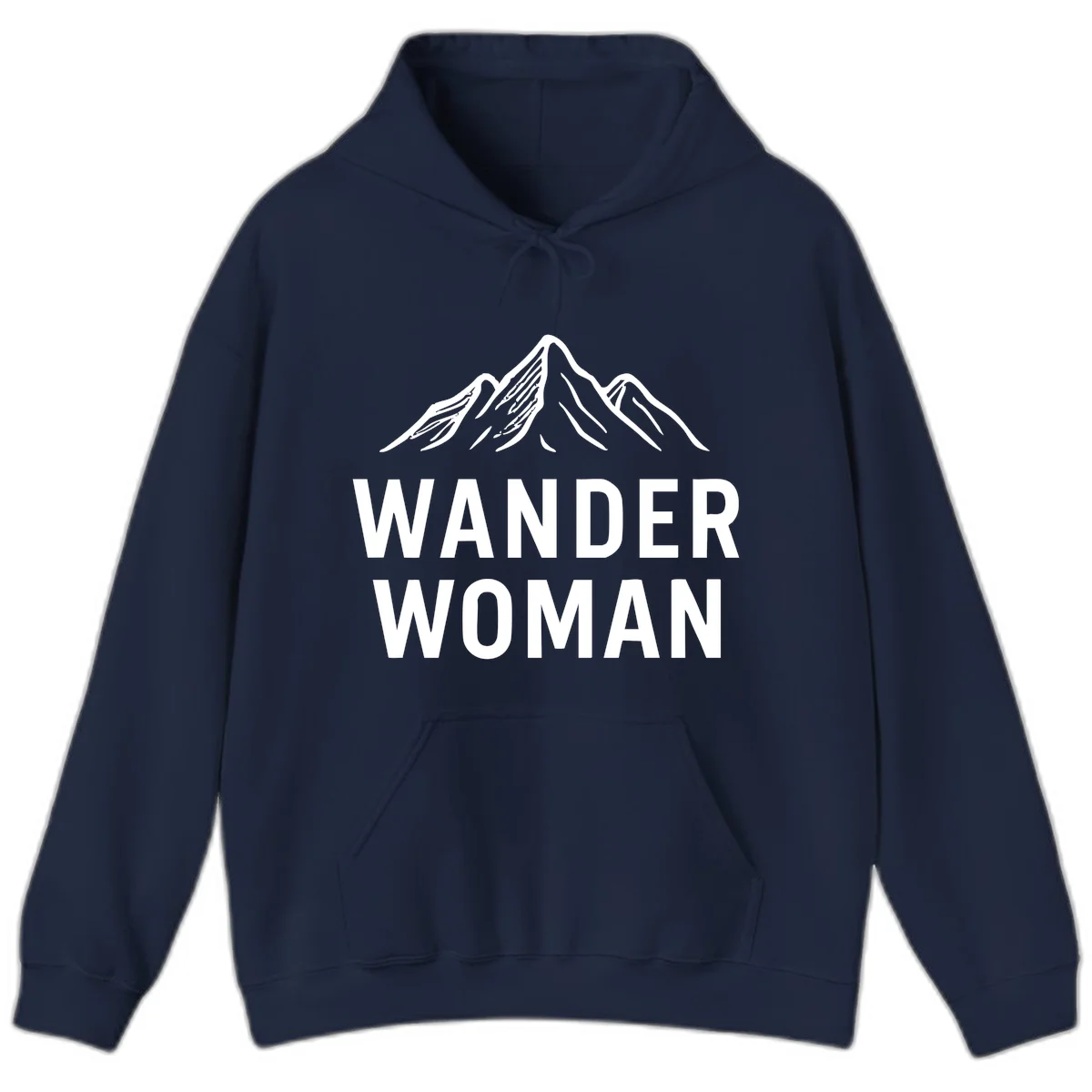 Wander woman mountain design featuring minimalist snow-capped peaks in white line art on gray background in Navy