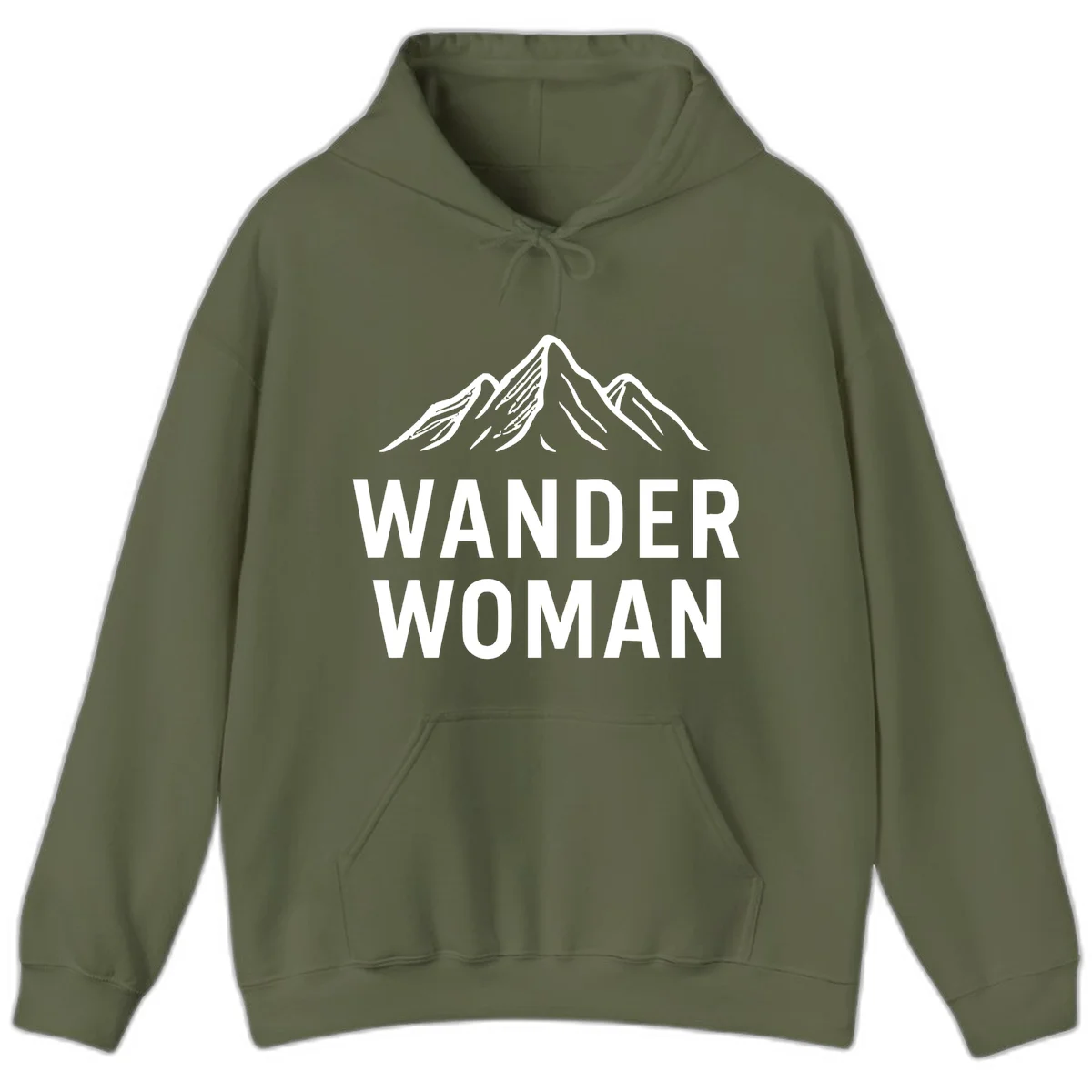 Wander woman mountain design featuring minimalist snow-capped peaks in white line art on gray background in Military Green
