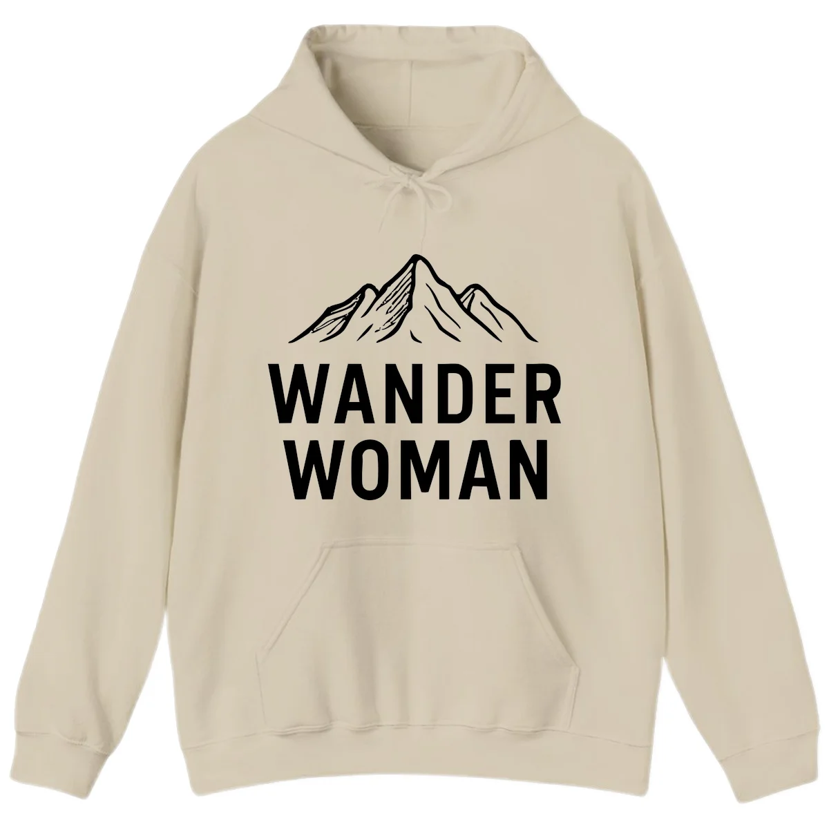 Wander woman mountain design featuring minimalist snow-capped peaks in white line art on gray background in Sand