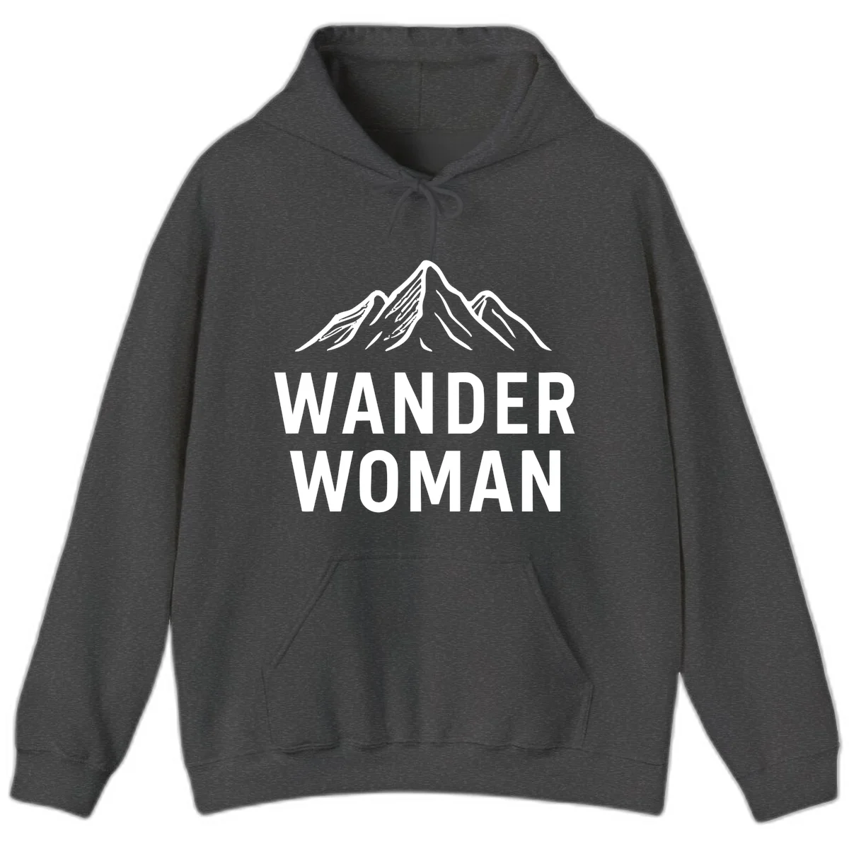 Wander woman mountain design featuring minimalist snow-capped peaks in white line art on gray background in Dark Heather