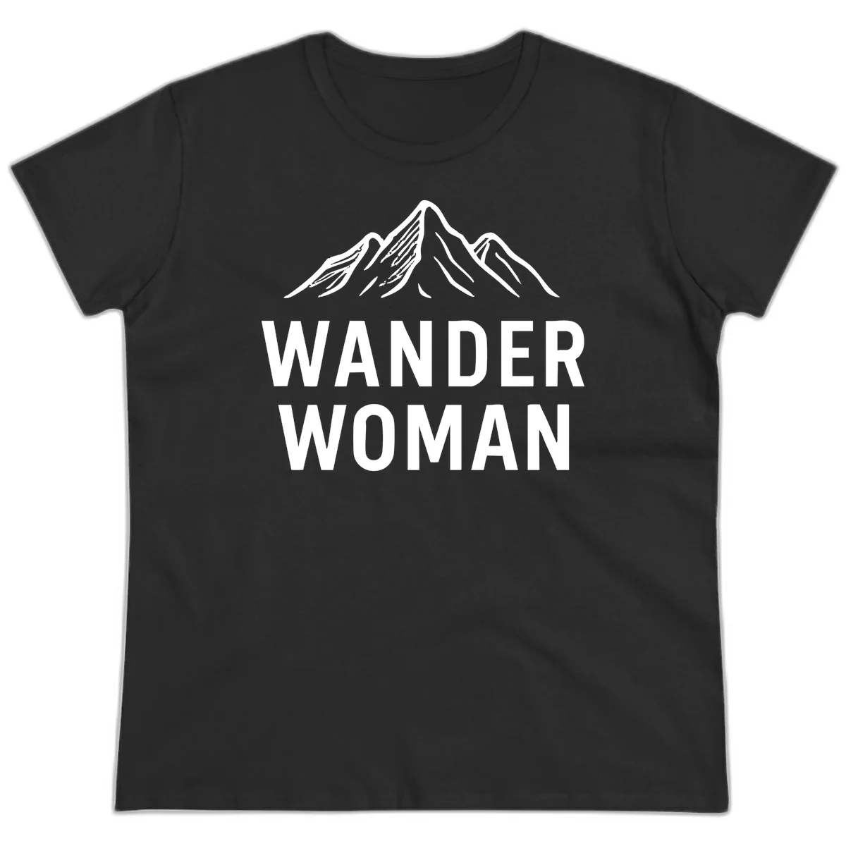 Wander woman mountain design featuring minimalist snow-capped peaks in white line art on gray background in Black
