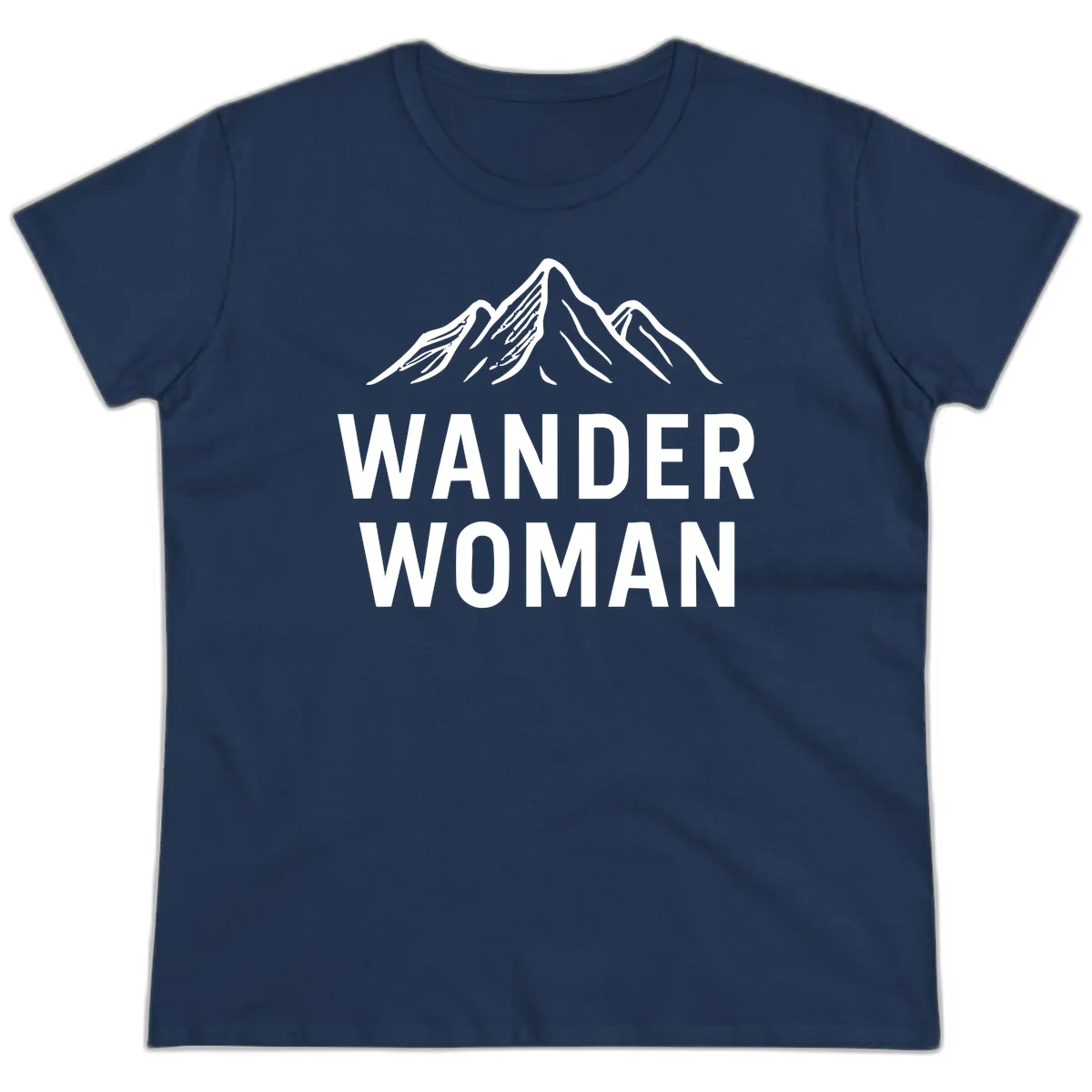 Wander woman mountain design featuring minimalist snow-capped peaks in white line art on gray background in Navy
