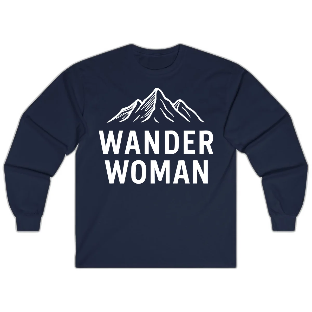 Wander woman mountain design featuring minimalist snow-capped peaks in white line art on gray background in Navy