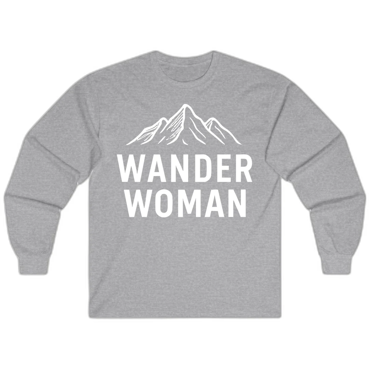 Wander woman mountain design featuring minimalist snow-capped peaks in white line art on gray background in Sport Grey