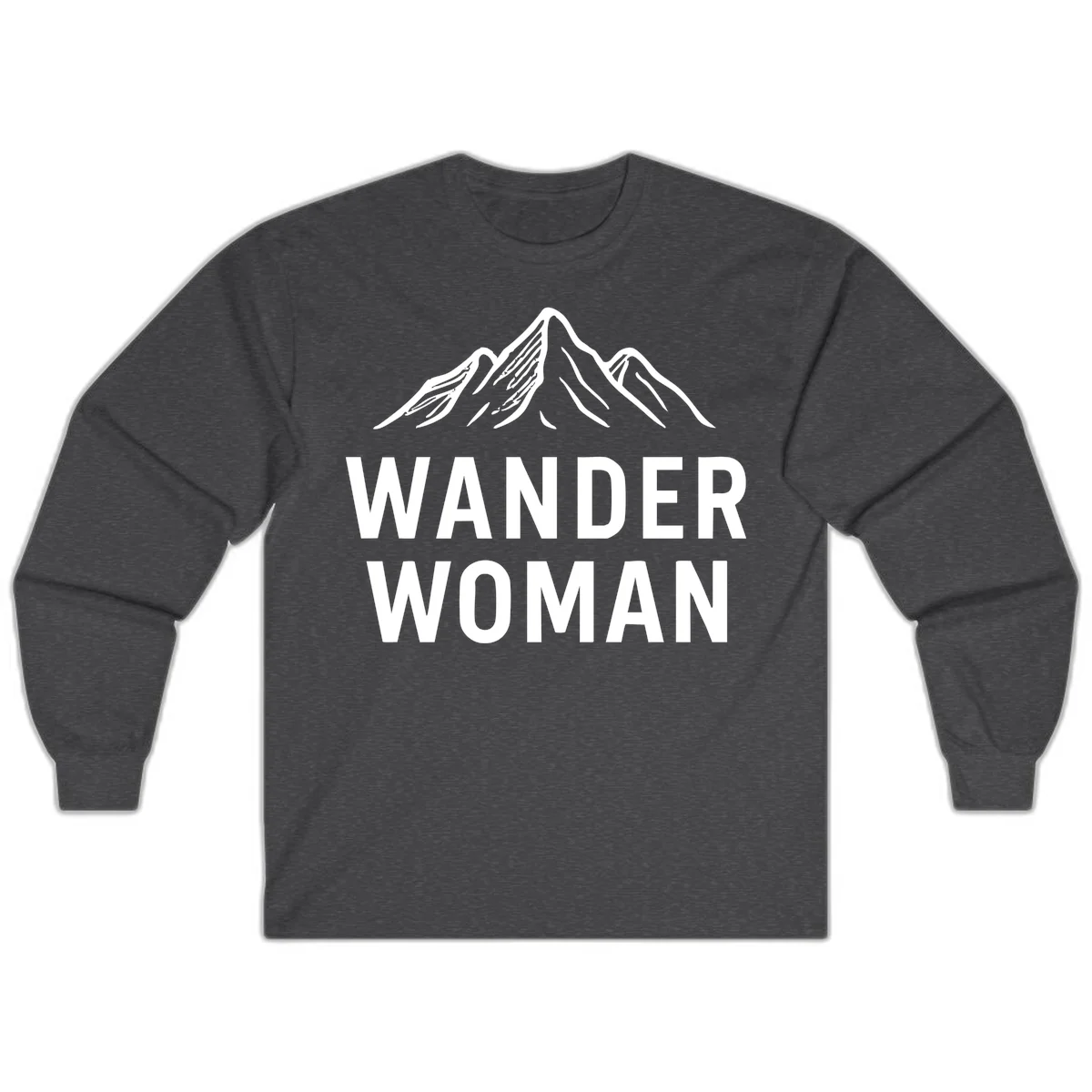 Wander woman mountain design featuring minimalist snow-capped peaks in white line art on gray background in Dark Heather