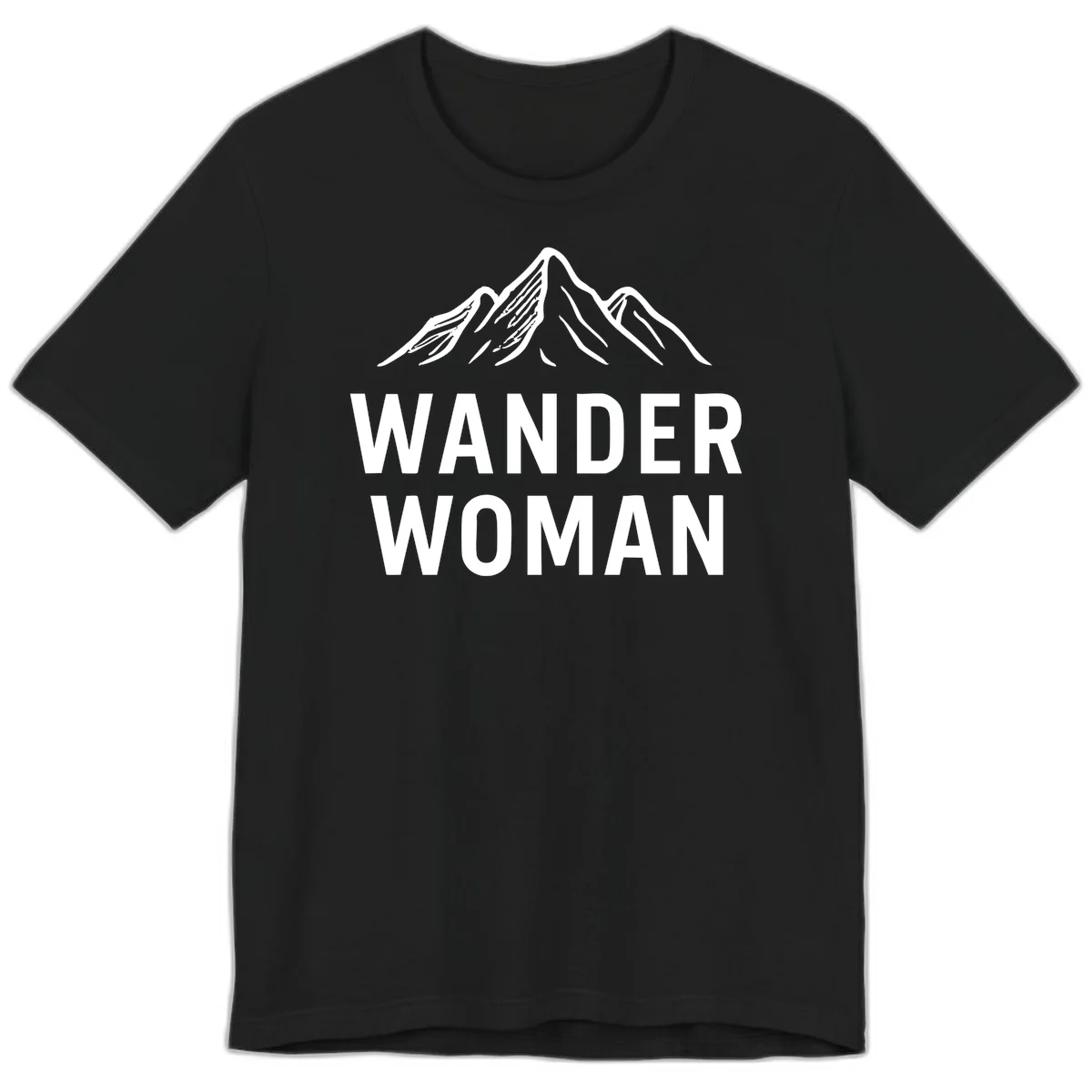 Wander woman mountain design featuring minimalist snow-capped peaks in white line art on gray background in Black