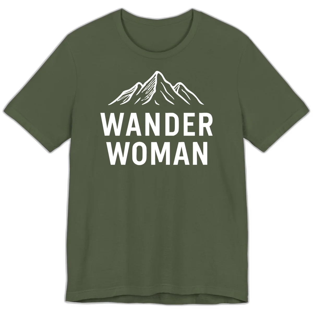 Wander woman mountain design featuring minimalist snow-capped peaks in white line art on gray background in Military Green
