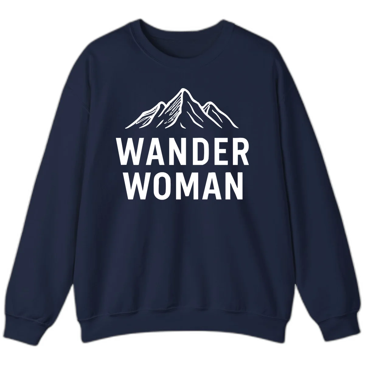 Wander woman mountain design featuring minimalist snow-capped peaks in white line art on gray background in Navy