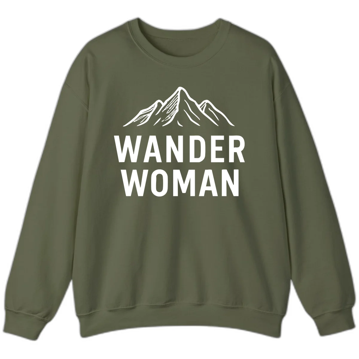 Wander woman mountain design featuring minimalist snow-capped peaks in white line art on gray background in Military Green