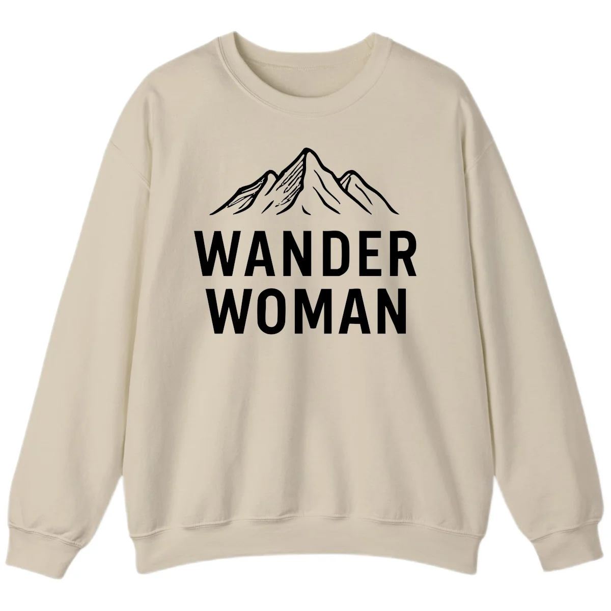 Wander woman mountain design featuring minimalist snow-capped peaks in white line art on gray background in Sand