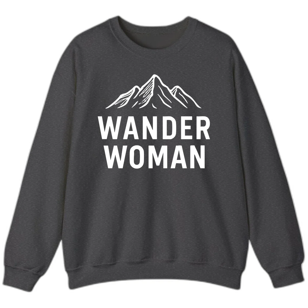 Wander woman mountain design featuring minimalist snow-capped peaks in white line art on gray background in Dark Heather