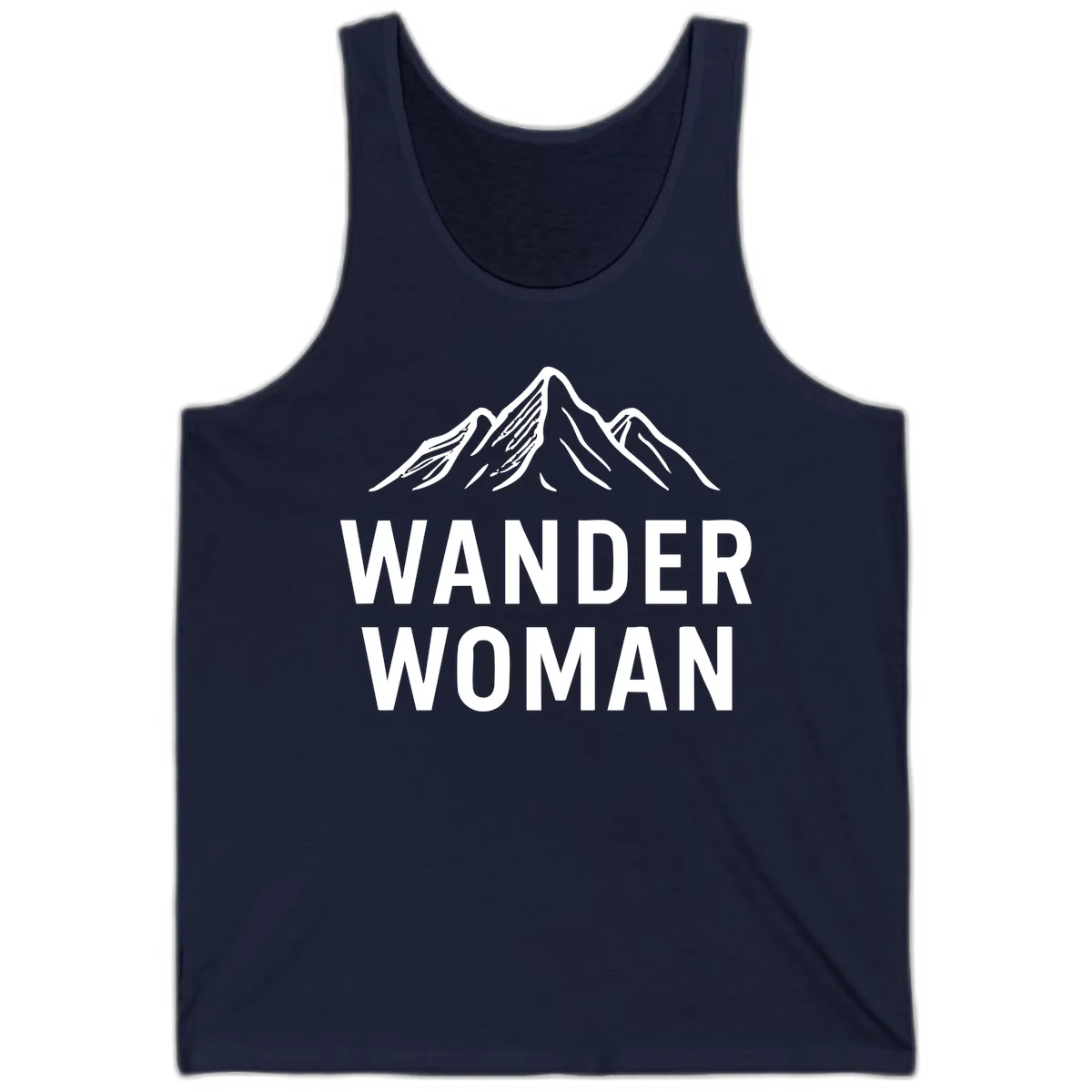 Wander woman mountain design featuring minimalist snow-capped peaks in white line art on gray background in Navy