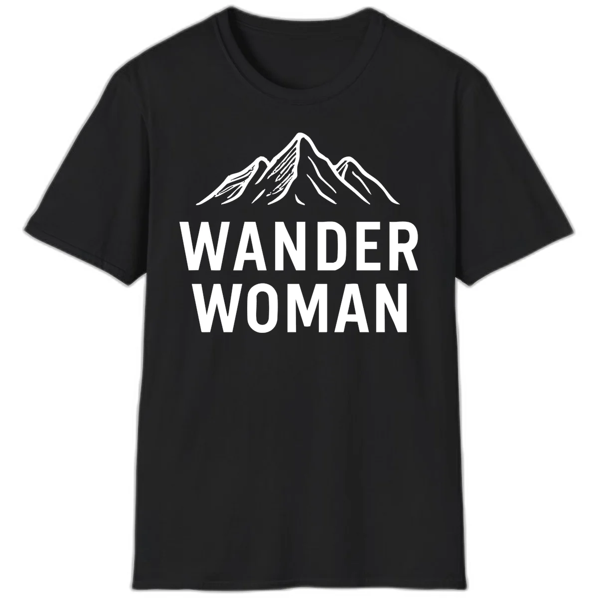Wander woman mountain design featuring minimalist snow-capped peaks in white line art on gray background in Black