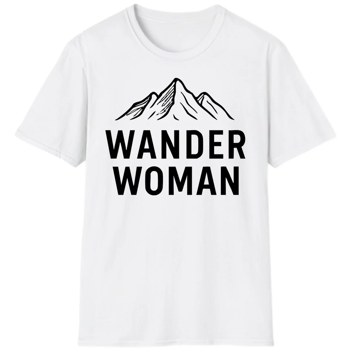 Wander woman mountain design featuring minimalist snow-capped peaks in white line art on gray background in White