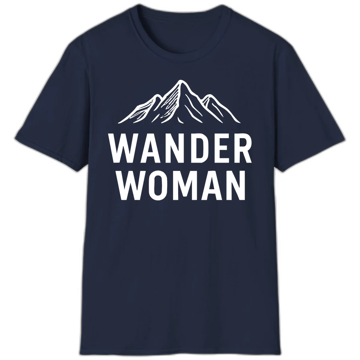 Wander woman mountain design featuring minimalist snow-capped peaks in white line art on gray background in Navy